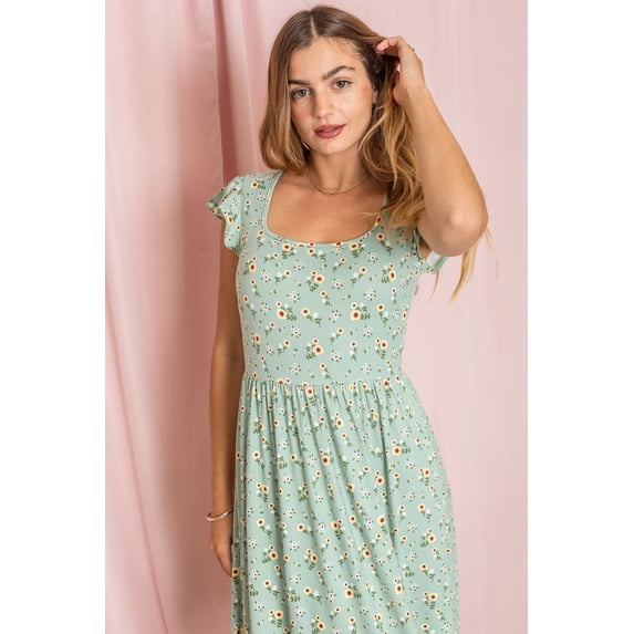 Ditsy Floral Flutter Cap Sleeve Square Neck Midi Dress | S-3X
