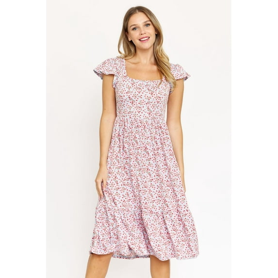 Ditsy Floral Flutter Cap Sleeve Square Neck Midi Dress | S-3X