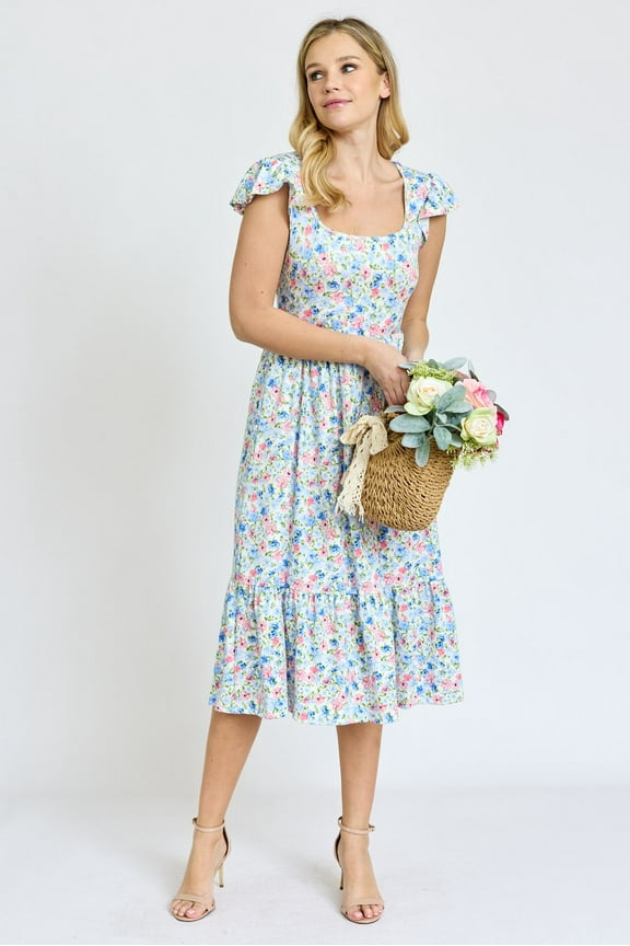 Ditsy Floral Flutter Cap Sleeve Square Neck Midi Dress | S-3X