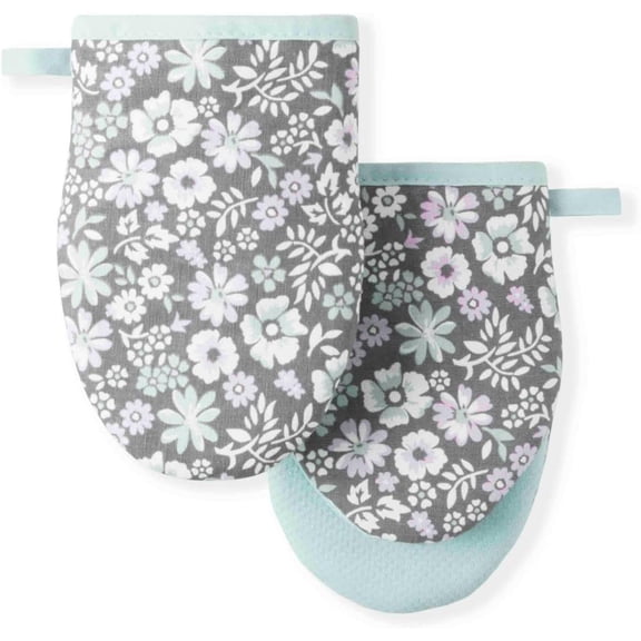 Ditsy Floral Mini Oven Mitt 2-Pack Set, Grey, 5.5"X8"