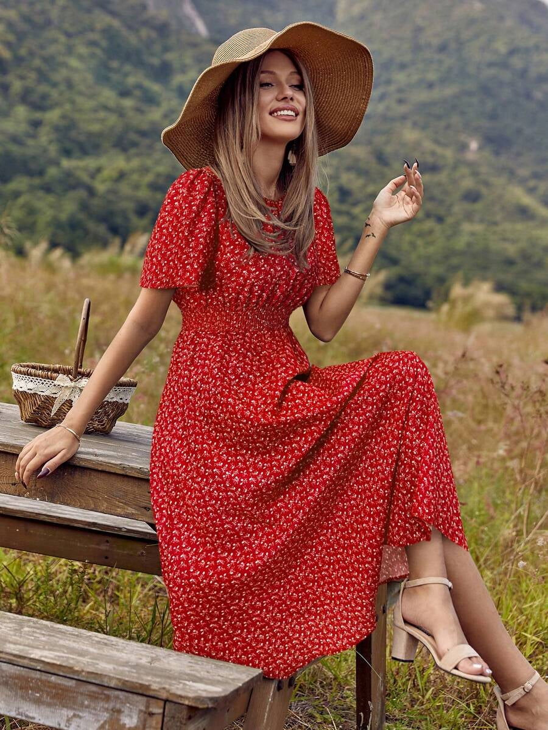 Ditsy Floral Tie Waist Pleated Dress