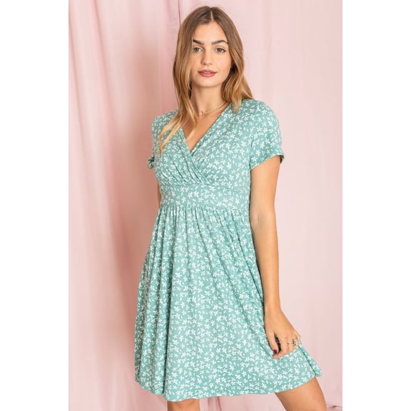 Ditsy Floral Surplice Waist Band Flare Dress | 6 Colors | S-3X