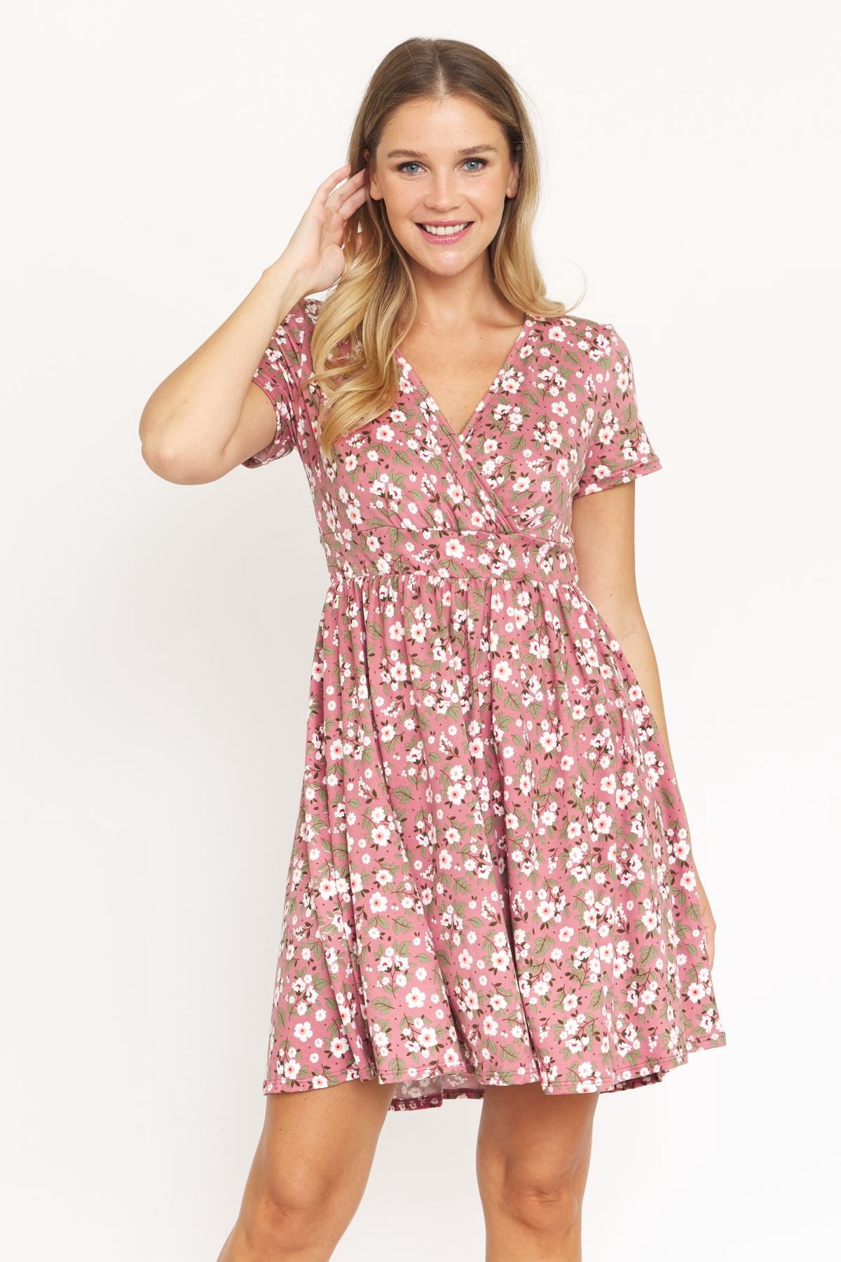Ditsy Floral Surplice Waist Band Flare Dress | 6 Colors | S-3X 