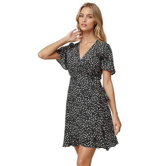 Ditsy Flower Pattern V-Neck Viscose Mini Dress