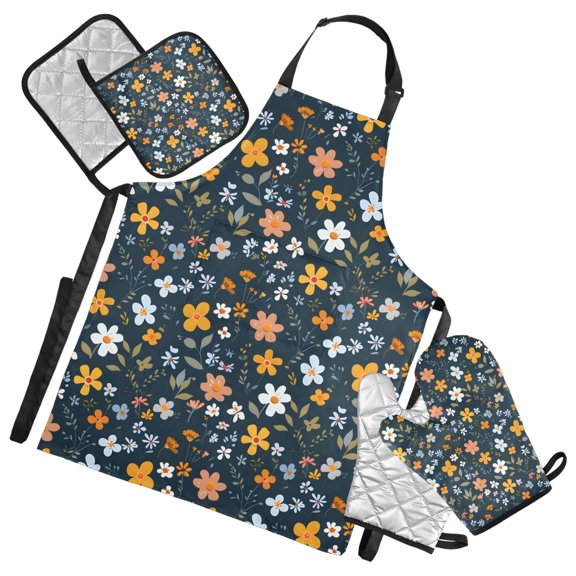 Ditsy Flower and Plants 5 Pcs Kitchen Set Heat Resistant Oven Mitts and Non-Slip Pot Holders with Adjustable Cooking Apron