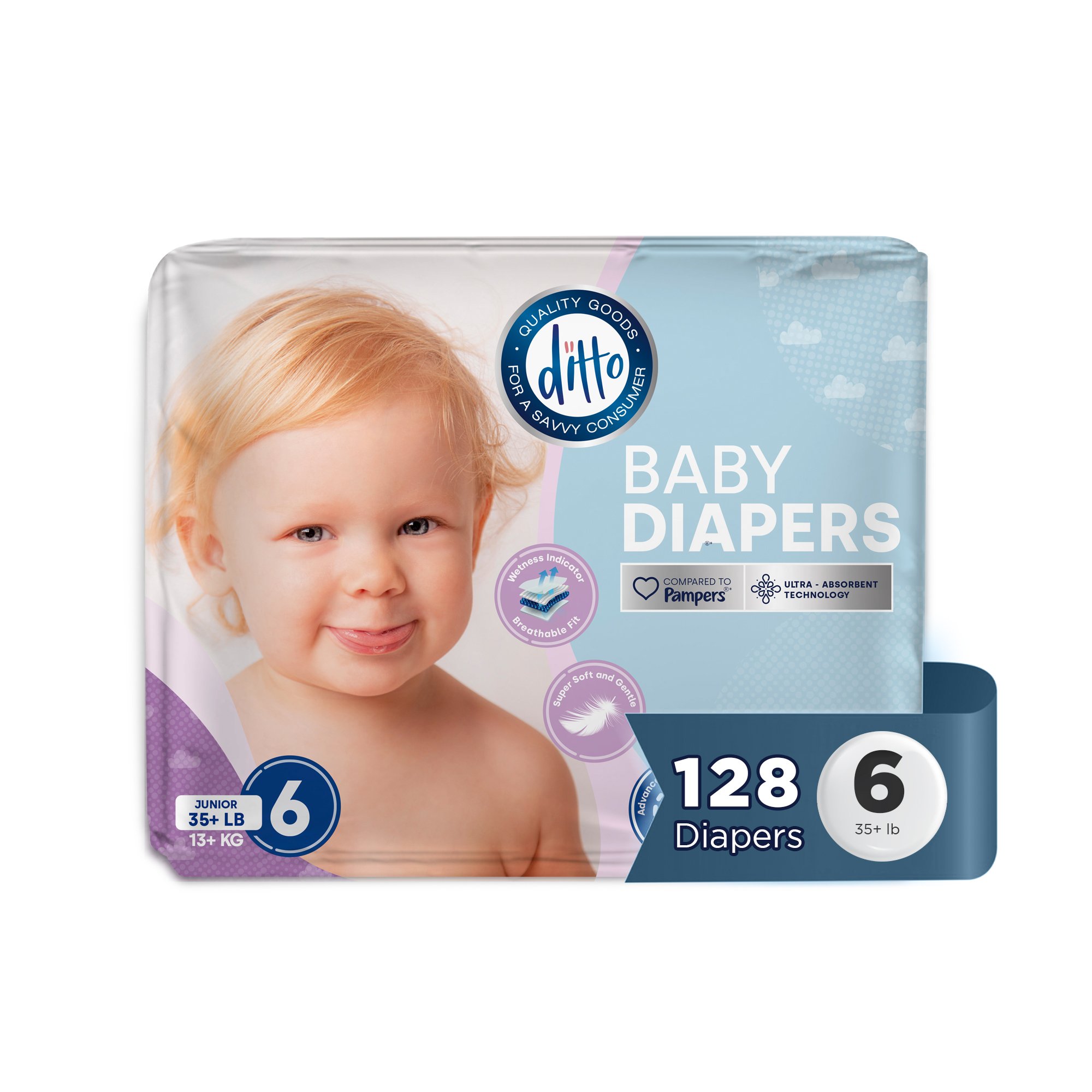 Ditto Baby Diapers Size 6, 128 Count Disposable Diapers Super Pack