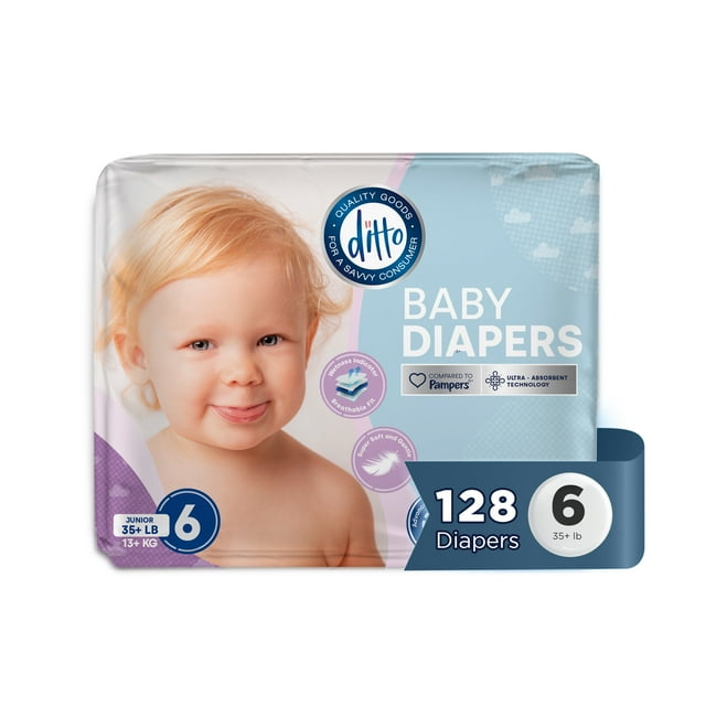 Ditto Baby Diapers Size 6, 128 Count Disposable Diapers Super Pack