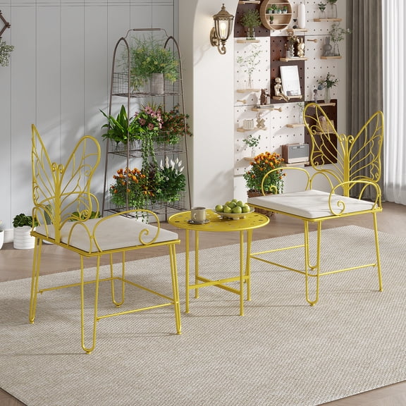 Diubas 3 Piece Bistro Set Outdoor, Patio Bistro Sets Patio Table and Chairs Set of 2 with Padded Cushion for Yard and Balcony, Yellow, Butterfly Backrest