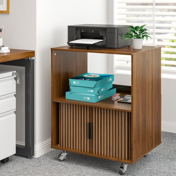 Diubas 3-Tier Printer Stand with Sliding Doors, Mid Century Modern Rolling Printer Stand with Storage Shelves for Home Office, Walnut