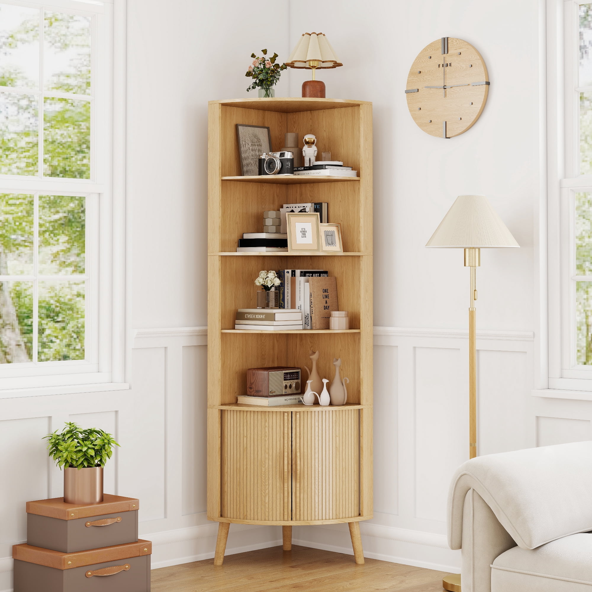 Diubas 66.73'' Tall Fluted Floor Corner Cabinet, Farmhouse Storage Cabinet with 2 Doors and 5 Storage Shelves for Living Room, Kitchen, Study Room, Natural
