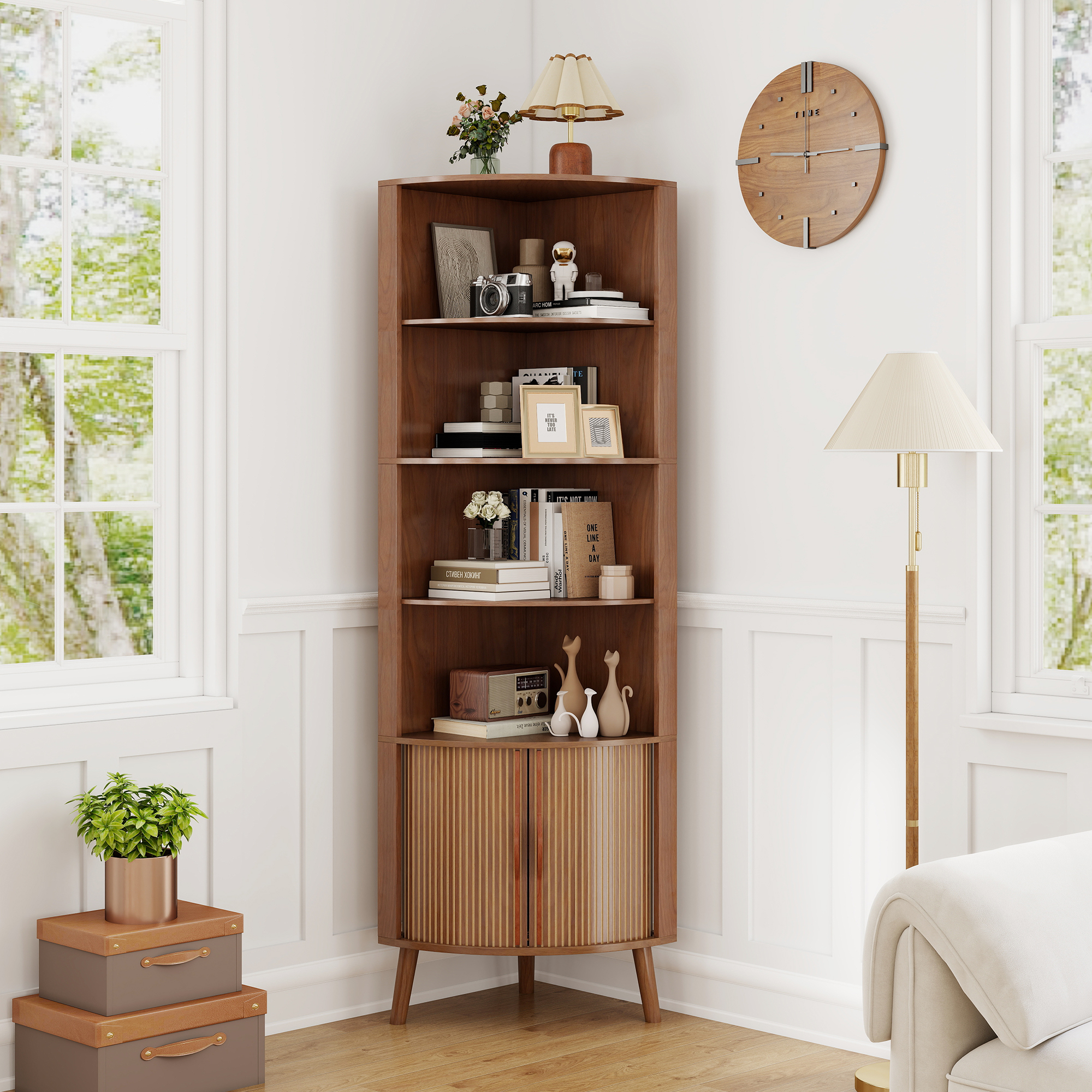 Diubas 66.73'' Tall Fluted Floor Corner Cabinet, Farmhouse Storage Cabinet with 2 Doors and 5 Storage Shelves for Living Room, Kitchen, Study Room, Walnut