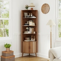 Diubas 66.73'' Tall Fluted Floor Corner Cabinet, Farmhouse Storage Cabinet with 2 Doors and 5 Storage Shelves for Living Room, Kitchen, Study Room, Walnut