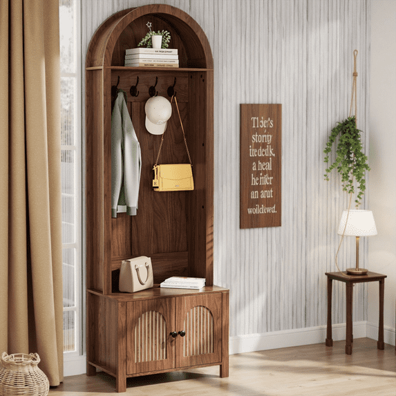 Diubas Arch Hall Tree with Bench and Shoe Storage, Farmhouse Coat Rack for Hallway, Entryway, Walnut