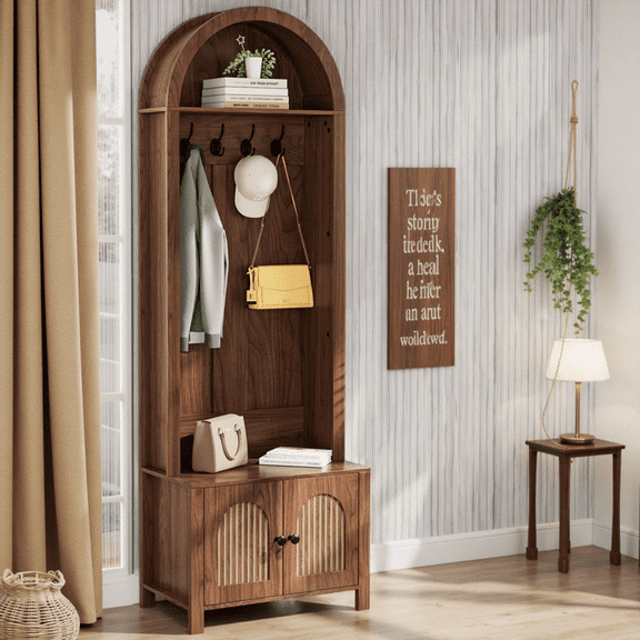 Diubas Arch Hall Tree with Bench and Shoe Storage, Farmhouse Coat Rack for Hallway, Entryway, Walnut