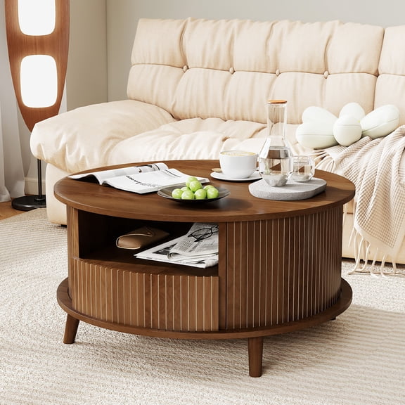 Diubas Coffee Table, 31.5" Round Fluted Coffee Table with Storage, Mid Century Modern Center Table with Drawer for Living Room, Small Space (Walnut)
