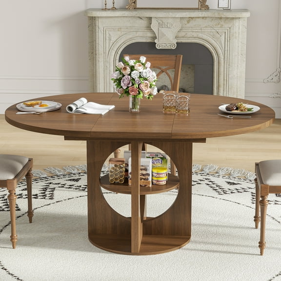 Diubas Dining Table for 4-6, 59“Extendable Round Kitchen Dinner Table with Storage for Dining Room, Living Room (Walnut)