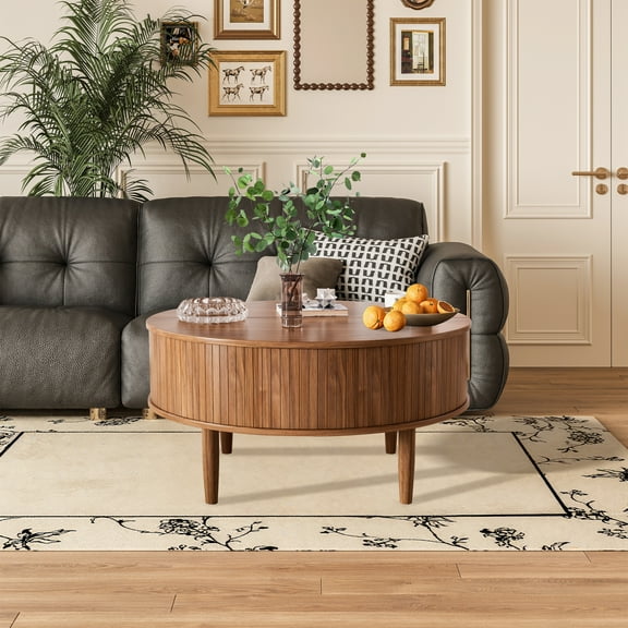 Diubas Fluted Lift Top Coffee Table with Storage, Round Coffee Table for Living Room, Walnut