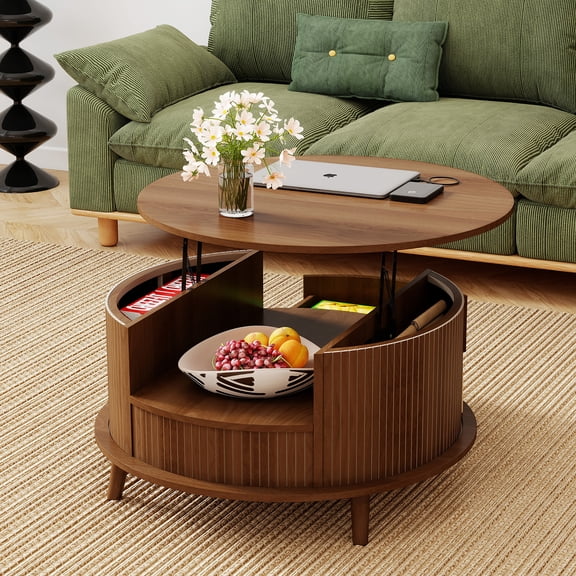 Diubas Lift Top Coffee Table, 31.5" Round Fluted Coffee Table with Storage, Mid Century Modern Center Table with Drawer for Living Room, Small Space (Walnut)