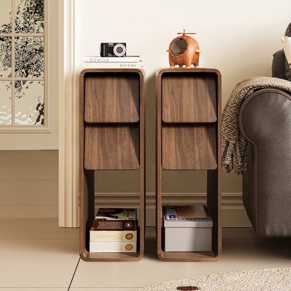 Diubas Nightstand Set of 2, Small End Table with 2 Drawers and Open Shelf for Bedroom, Living Room, Walnut