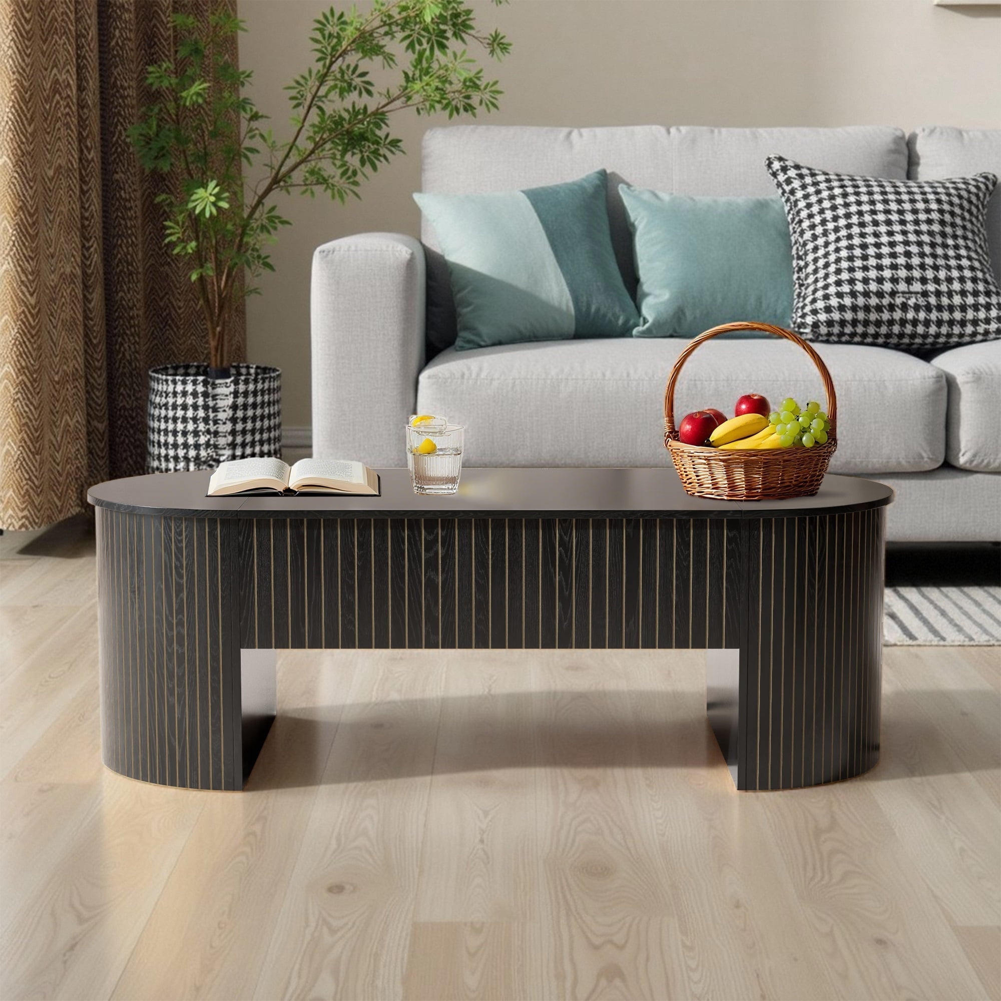 Diubas Oval Lift Top Coffee Table with Hidden Storage, Fluted Coffee Table Center Table for Home Living Room, Black