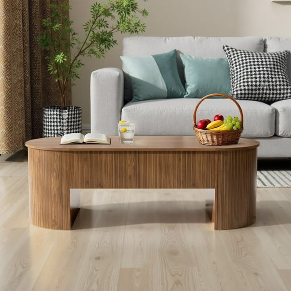 Diubas Oval Lift Top Coffee Table with Hidden Storage, Fluted Coffee Table Center Table for Home Living Room, Walnut