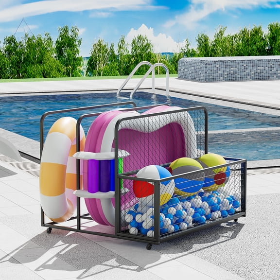 Diubas Poolside Float Storage, Outdoor Storage, Patio Poolside Float Storage Basket, Storage Box, Metal Outdoor Pool Caddy with Rolling Wheels for Floaties, Patio, Pool, Black
