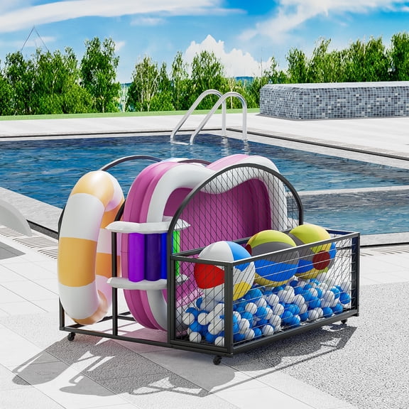 Diubas Poolside Float Storage, Outdoor Storage, Patio Poolside Float Storage Basket, Storage Box, Metal Outdoor Pool Caddy with Rolling Wheels for Floaties, Patio, Pool, Black