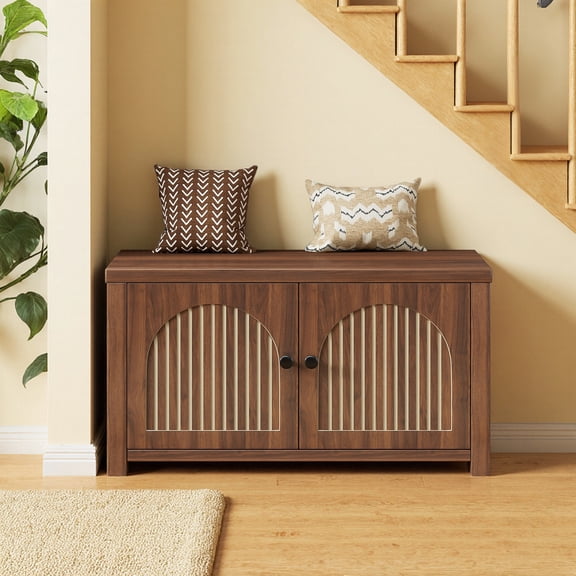 Diubas Shoe Storage Bench with Fluted Doors, Small Entryway Shoe Bench with Adjustable Shelf for Hallway, Living Room, Bedroom, Walnut
