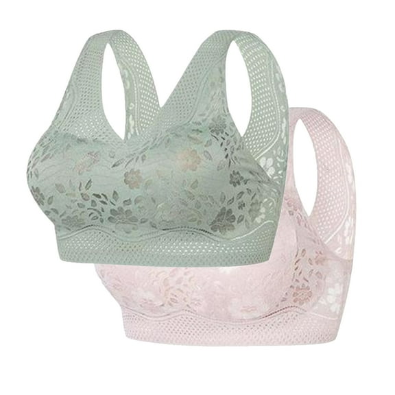Diufon 2 Pack Wide Strap Bra for Women Wireless Soft Breathable Lace Full Coverage Bras Seamless Plus Size Bras