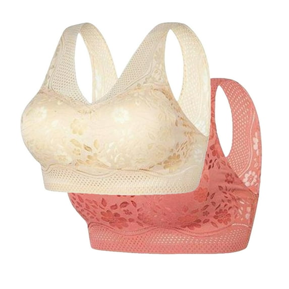 Diufon 2 Pack Wide Strap Bra for Women Wireless Soft Breathable Lace Full Coverage Bras Seamless Plus Size Bras