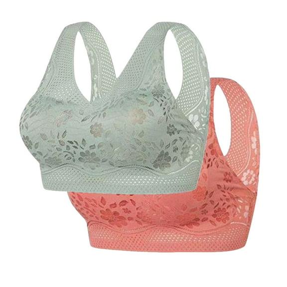 Diufon 2 Pack Wide Strap Bra for Women Wireless Soft Breathable Lace Full Coverage Bras Seamless Plus Size Bras