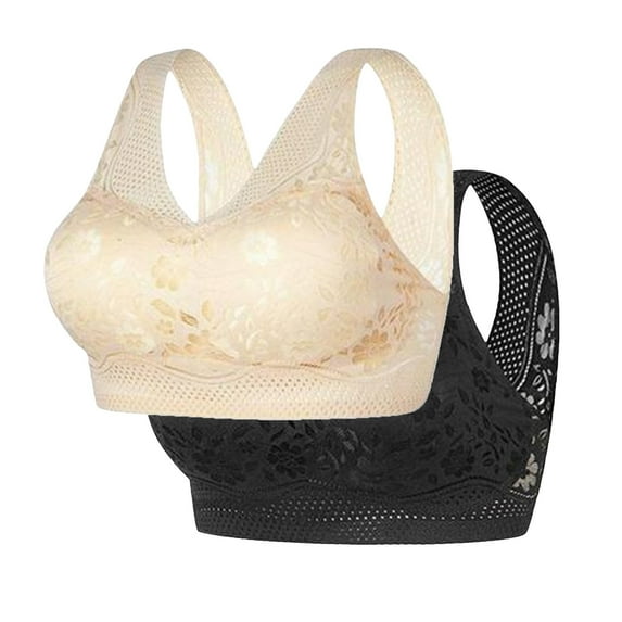 Diufon 2 Pack Wide Strap Bra for Women Wireless Soft Breathable Lace Full Coverage Bras Seamless Plus Size Bras