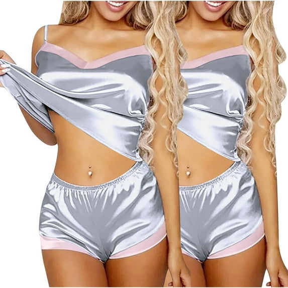 Diufon 2 Pack Womens Satin Pj Sets V Neck Sleeveless Cami Tops Elastic Waist Shorts Pjs Lounge Set
