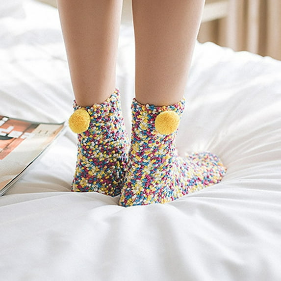 Diufon 2 Pairs Women's Fuzzy Slipper Socks Fall Winter Comfy Thickened Warm Sleep Socks Plush Colorful Socks