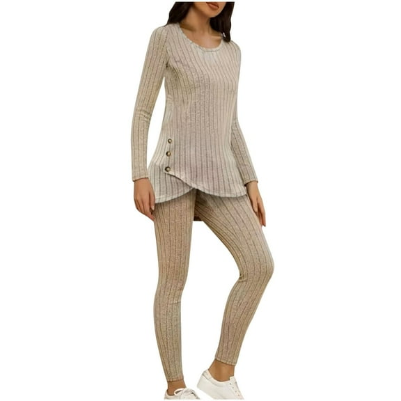 Diufon 2 Piece Knit Suits for Women Round Neck Long Sleeve Hem Button Sweaters Legging Sets