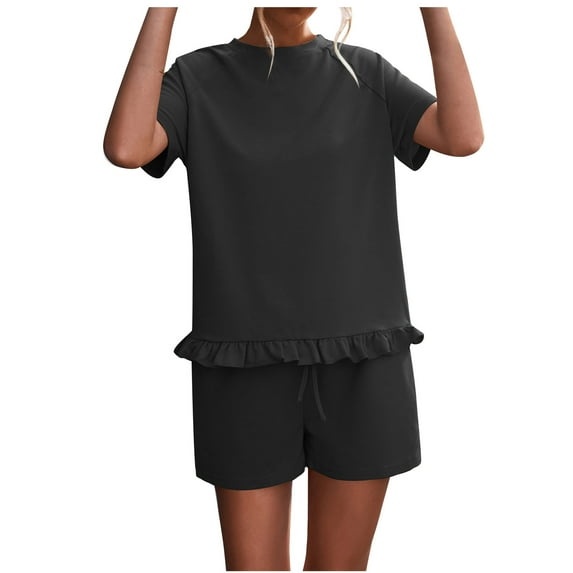 Diufon 2 Piece Outfits for Women Round Neck Short Sleeve Tees Elastic Waist Drawstring Shorts with Pockets