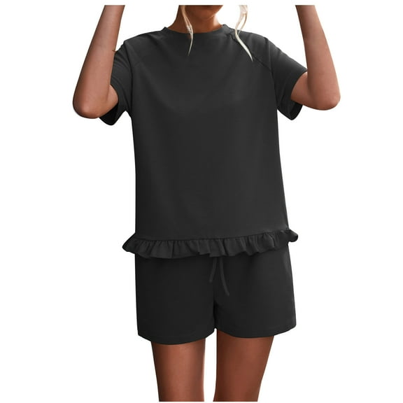 Diufon 2 Piece Outfits for Women Round Neck Short Sleeve Tees Elastic Waist Drawstring Shorts with Pockets