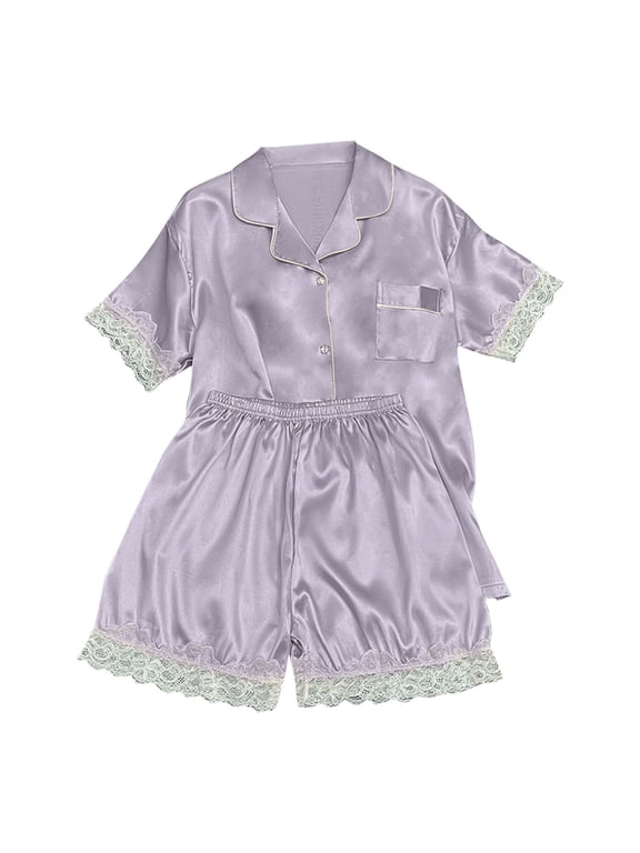 2 Piece Satin Pajama Set for Women V Neck Long Sleeve Button Shirt and Shorts Lace Solid Color Sleepwear Sets