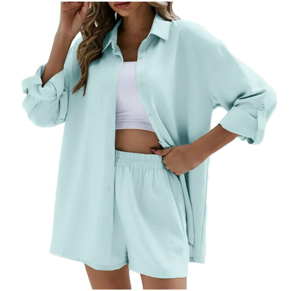 Diufon 2 Piece Sets for Women Button Down Long Sleeve Lapel Shirts Elastic Waist Shorts Solid Color Suits