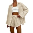 thumbnail image 1 of Diufon 2 Piece Sets for Women Button Lapel Neck Long Sleeve Shirts Elastic Waist Drawstring Shorts Outfits, 1 of 4