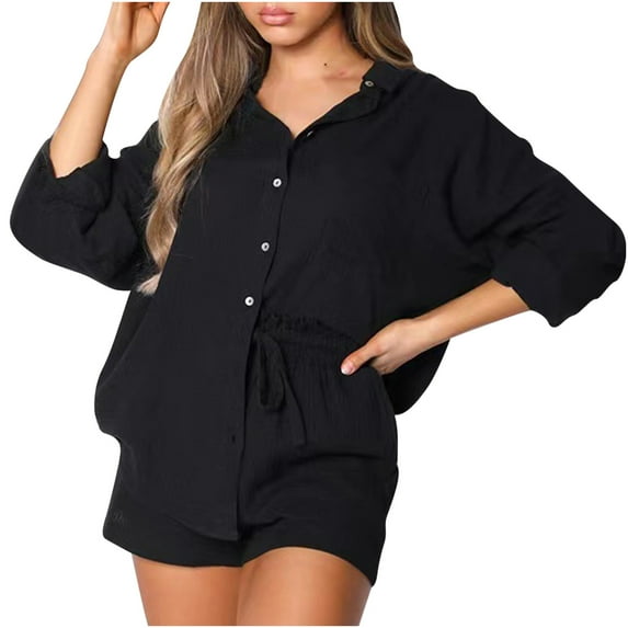 Diufon 2 Piece Sets for Women Button Lapel Neck Long Sleeve Shirts Elastic Waist Drawstring Shorts Outfits