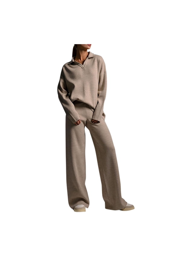 2 Piece Sets for Women Knit Lapel Long Sleeve Sweaters Solid Color Wide Leg Pants