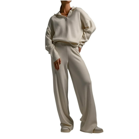 Diufon 2 Piece Sets for Women Knit Lapel Long Sleeve Sweaters Solid Color Wide Leg Pants