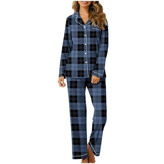 Diufon 2 Piece Sleepshirt Suits for Women Plaid Pajamas Set Wide Leg Nightwear Pant with Lapel Shirt Top (Large, Blue)