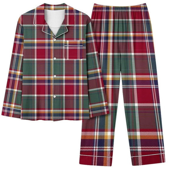 Diufon 2 Piece Sleepshirt Suits for Women Plaid Pajamas Set Wide Leg Nightwear Pant with Lapel Shirt Top (Large, Red)