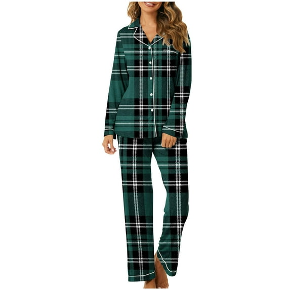 Diufon 2 Piece Sleepshirt Suits for Women Plaid Pajamas Set Wide Leg Nightwear Pant with Lapel Shirt Top (Medium, Green)