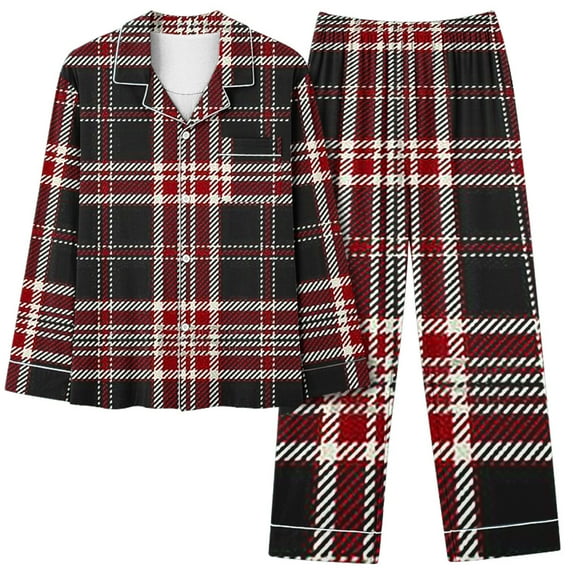 Diufon 2 Piece Sleepshirt Suits for Women Plaid Pajamas Set Wide Leg Nightwear Pant with Lapel Shirt Top (XX-Large, Black)