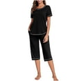thumbnail image 1 of Diufon 2 Piece Suits for Women Summer Short Sleeve Round Neck Tops 3/4 Pants Color Block Outfits with Pockets, 1 of 7