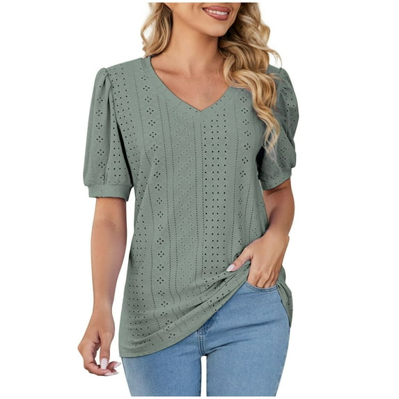 Diufon Summer Puff Short Sleeve T Shirts for Women Casual Solid Color Tunics V Neck Tees