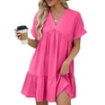thumbnail image 1 of Diufon Summer Women's Mini Dresses V Neck Short Sleeve Pleated Dress Solid Color A-Line Dress, 1 of 7